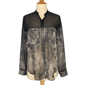 Cop Copine Sheer Blouse Black Gray Sheer Abstract Long Sleeve High Low Size 36/S